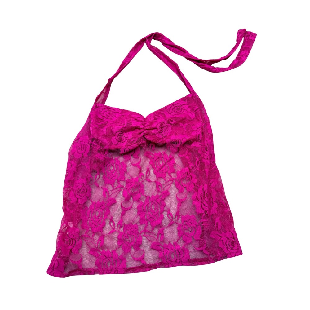 Hot Pink Floral Lace Halter Top Sheer Babydoll Camisole Back Tie Size L